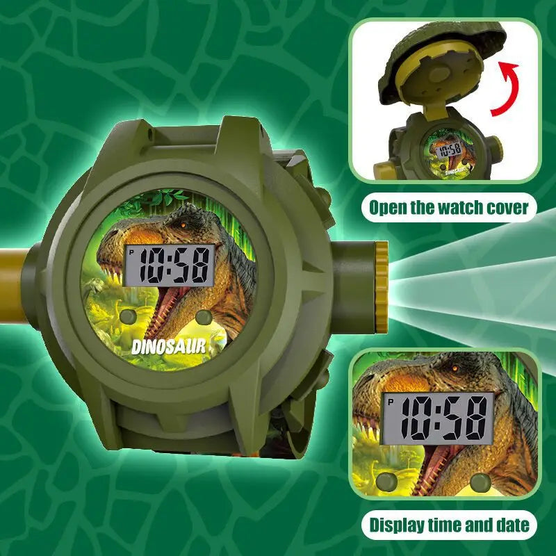 A green dinosaur projector watch displays the time and date, with an inset showing the watch cover opening.