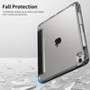 A clear magnetic flip smart cover protecting an iPad, demonstrating fall protection against impact.