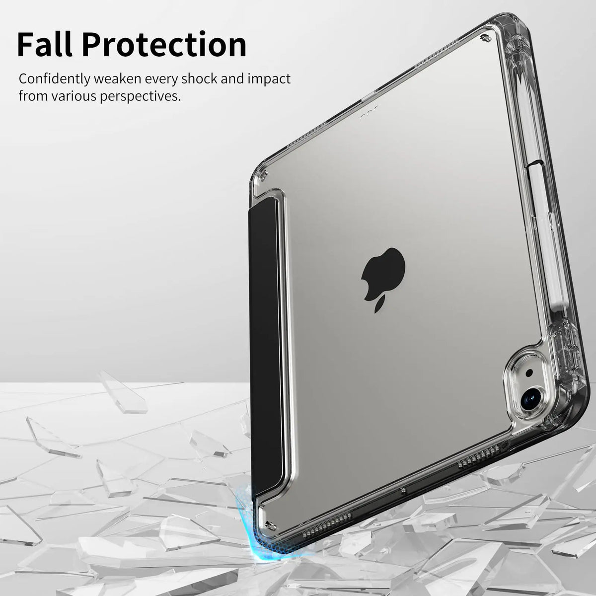 A clear magnetic flip smart cover protecting an iPad, demonstrating fall protection against impact.