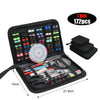 A black portable multi-function sewing kit box containing 172 pieces of threads, needles, and various tools.