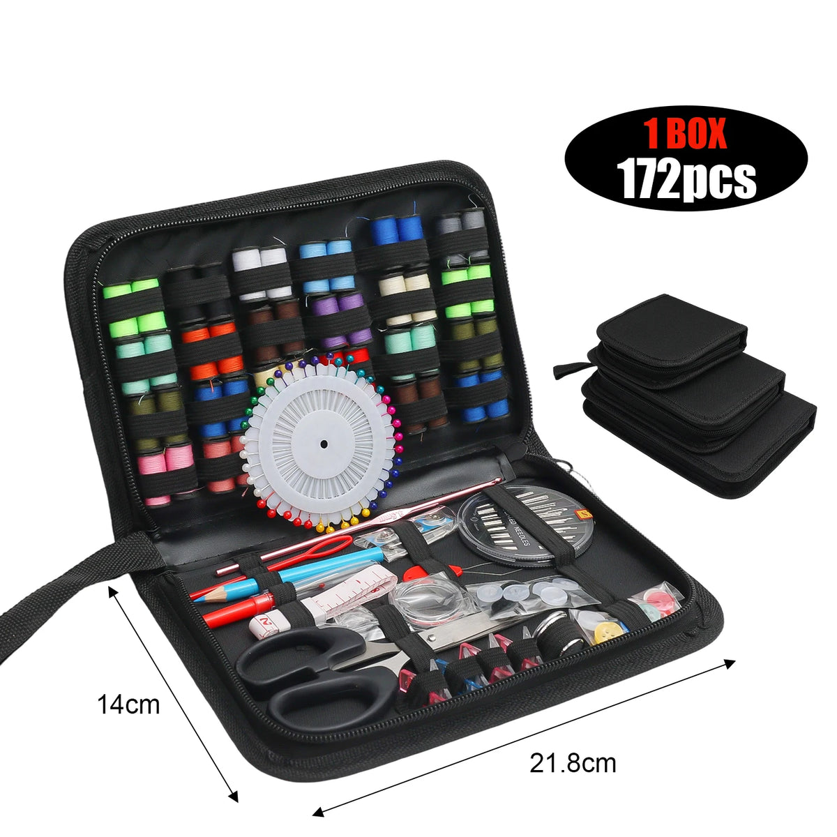 A black portable multi-function sewing kit box containing 172 pieces of threads, needles, and various tools.