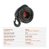 A coiled black synthetic winch rope with a forged hook is shown against a white background.