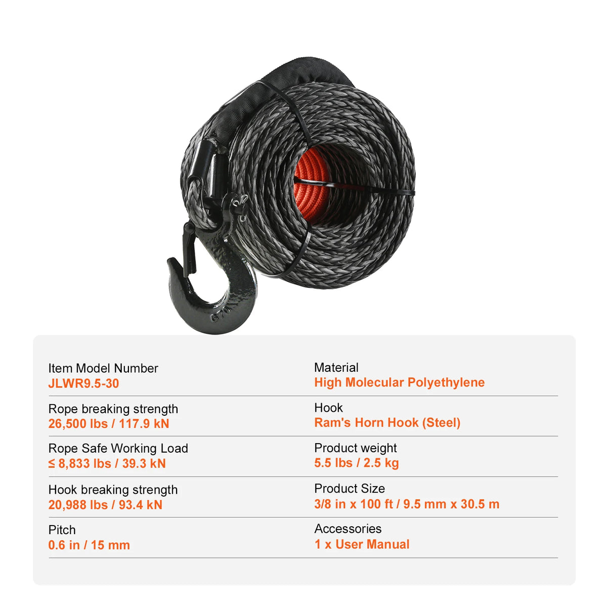 A coiled black synthetic winch rope with a forged hook is shown against a white background.