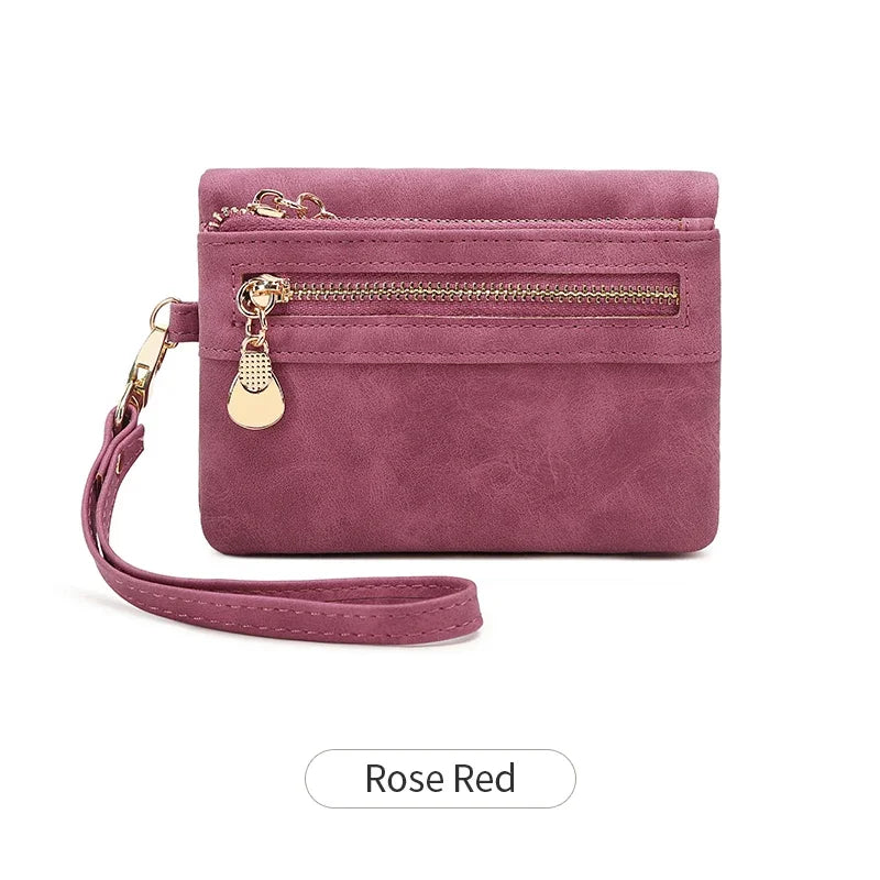 Vintage PU Leather Foldable Clutch Wallet with Wrist Strap