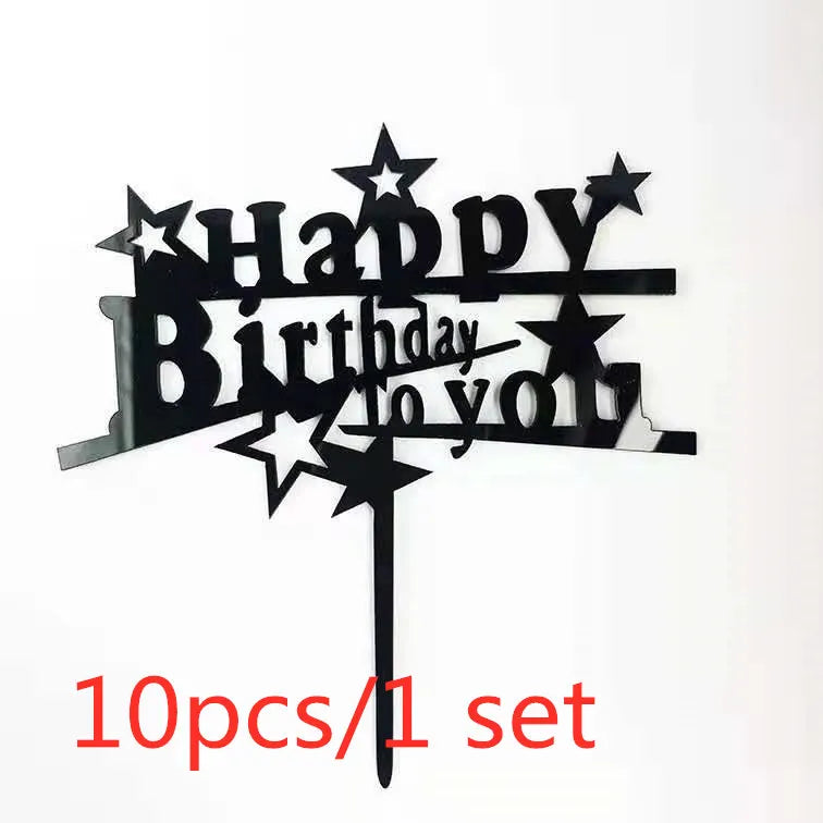 Gold Acrylic Happy Birthday Cake Toppers (Set of 10)