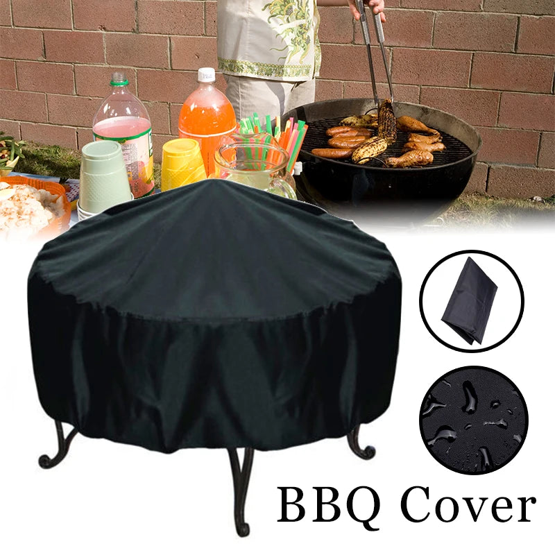 Black BBQ cover protecting a fire pit, shown with various food items and grilling tools.