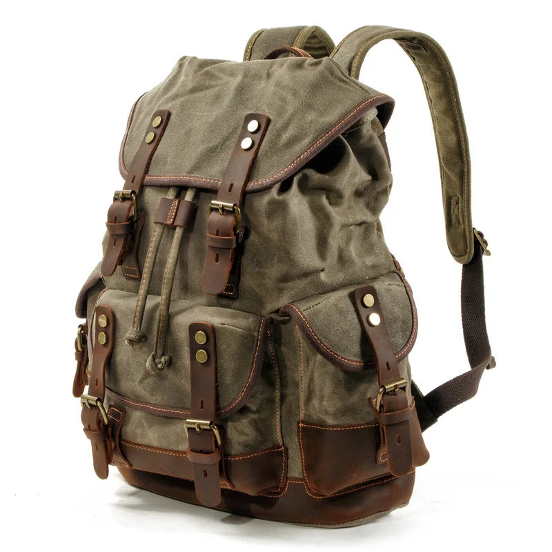 Canvas & Leather Travel Backpack – Waterproof, Large Capacity for School, Work & Hiking