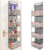 A tall, silver over-the-door hanging organizer with multiple clear compartments for storing small items.