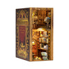A wooden bookcase kit designed as a bookstore nook with built-in shelving and LED lighting.