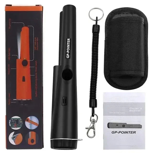Black GP-Pointer handheld metal detector with LED lights and waterproof coil and storage pouch