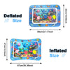 A comparison showing the deflated and inflated sizes of an inflatable ocean-themed water play mat for baby sensory developmen
