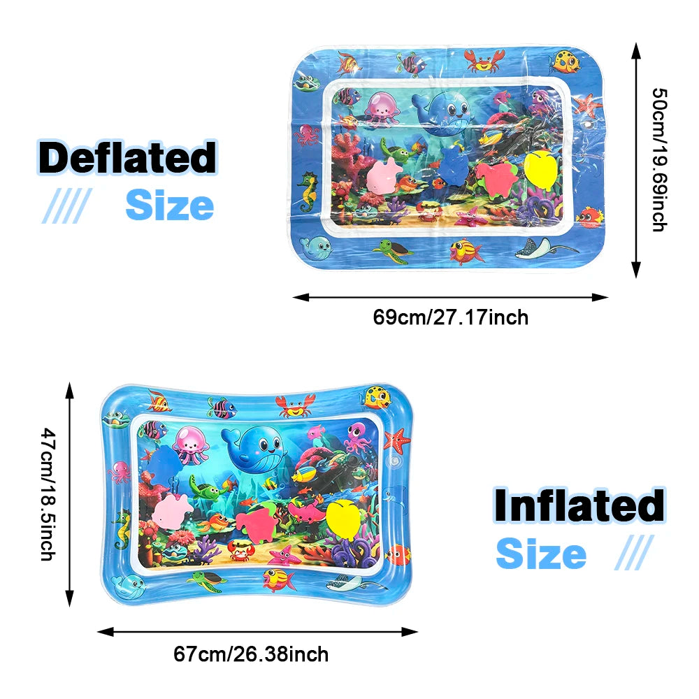 A comparison showing the deflated and inflated sizes of an inflatable ocean-themed water play mat for baby sensory developmen