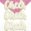 Three gold glitter chenille letter patches spelling Cheer in various script styles