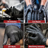 A collection of black heavy-duty disposable nitrile gloves showing various industrial and repair work contexts.