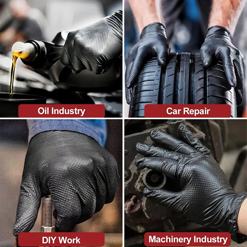 A collection of black heavy-duty disposable nitrile gloves showing various industrial and repair work contexts.