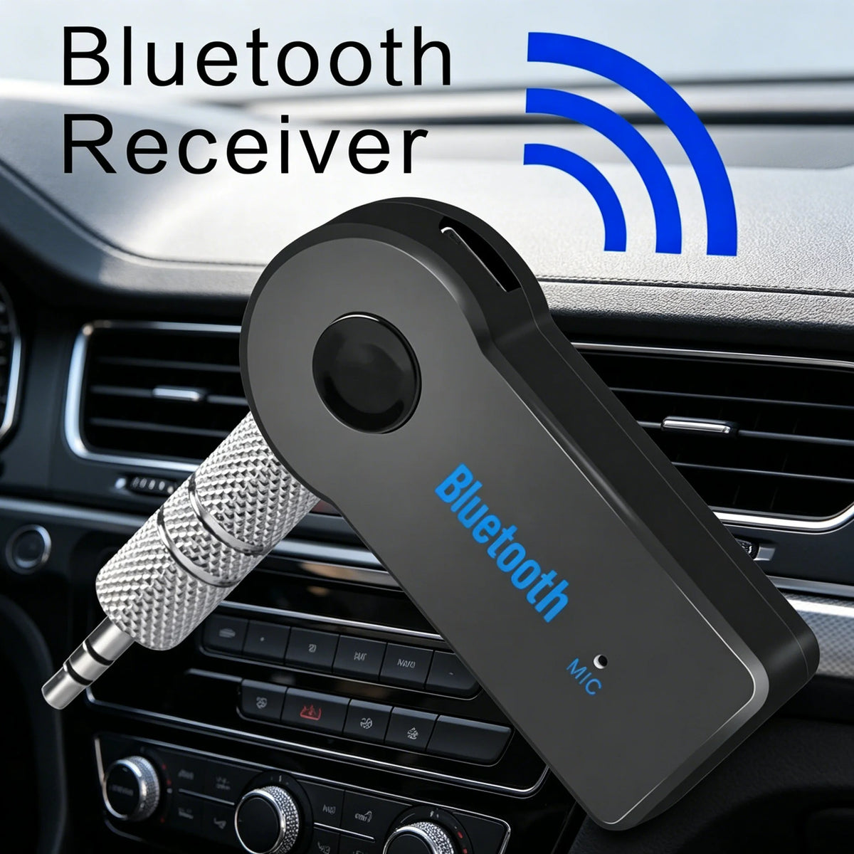 A black Bluetooth receiver with a microphone adapter is shown resting on a car dashboard.