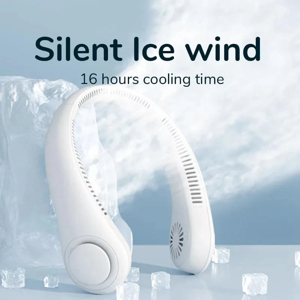 Weißer, bladloser Halsventilator neben Eiswürfeln mit Text über die stille Eiskühlung.
