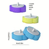 Disposable toilet brush set showing three colors purple yellow and blue with a scale reference