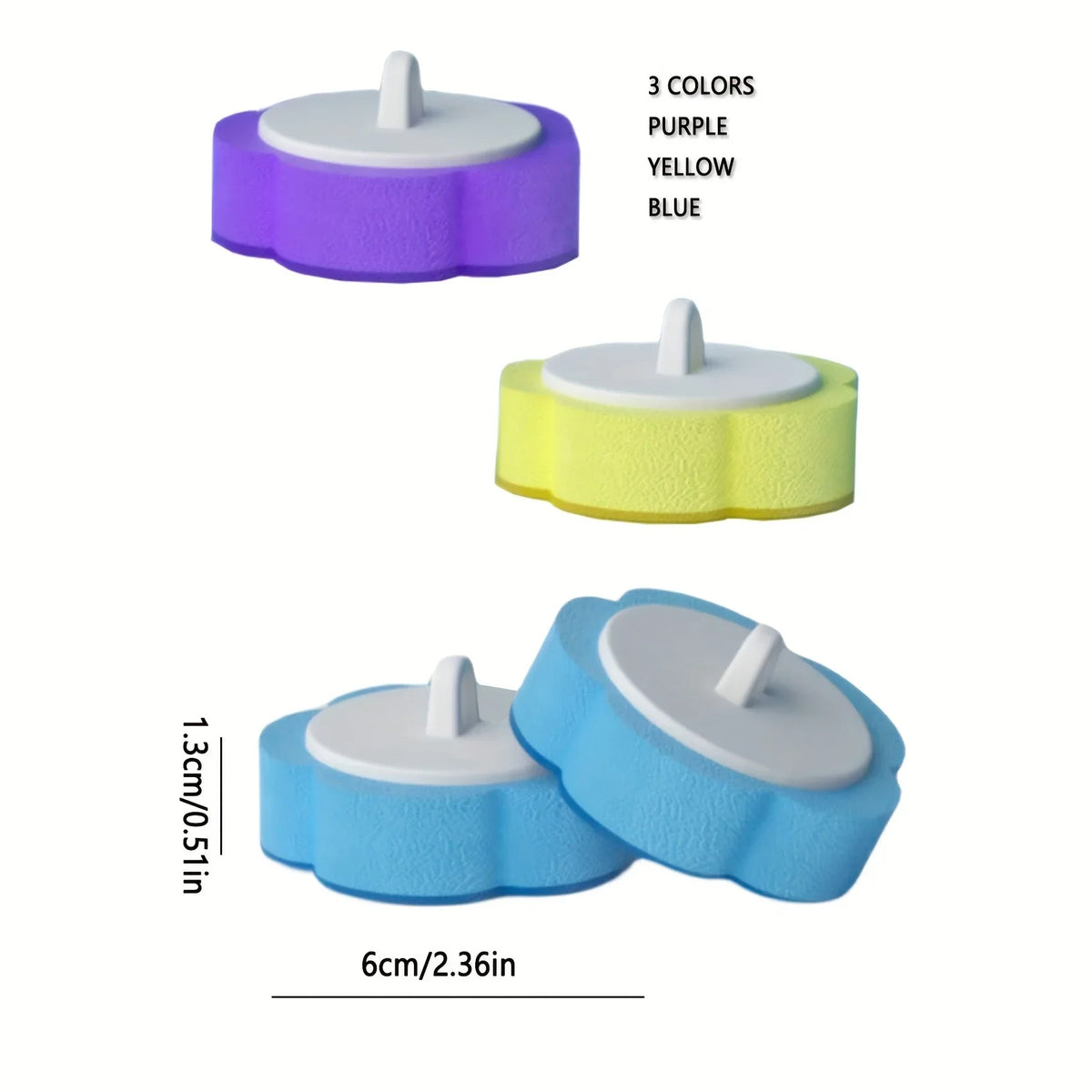 Disposable toilet brush set showing three colors purple yellow and blue with a scale reference