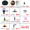 A collection of various drip irrigation components including hoses, plugs, drippers, connectors, and a complete 5m kit.