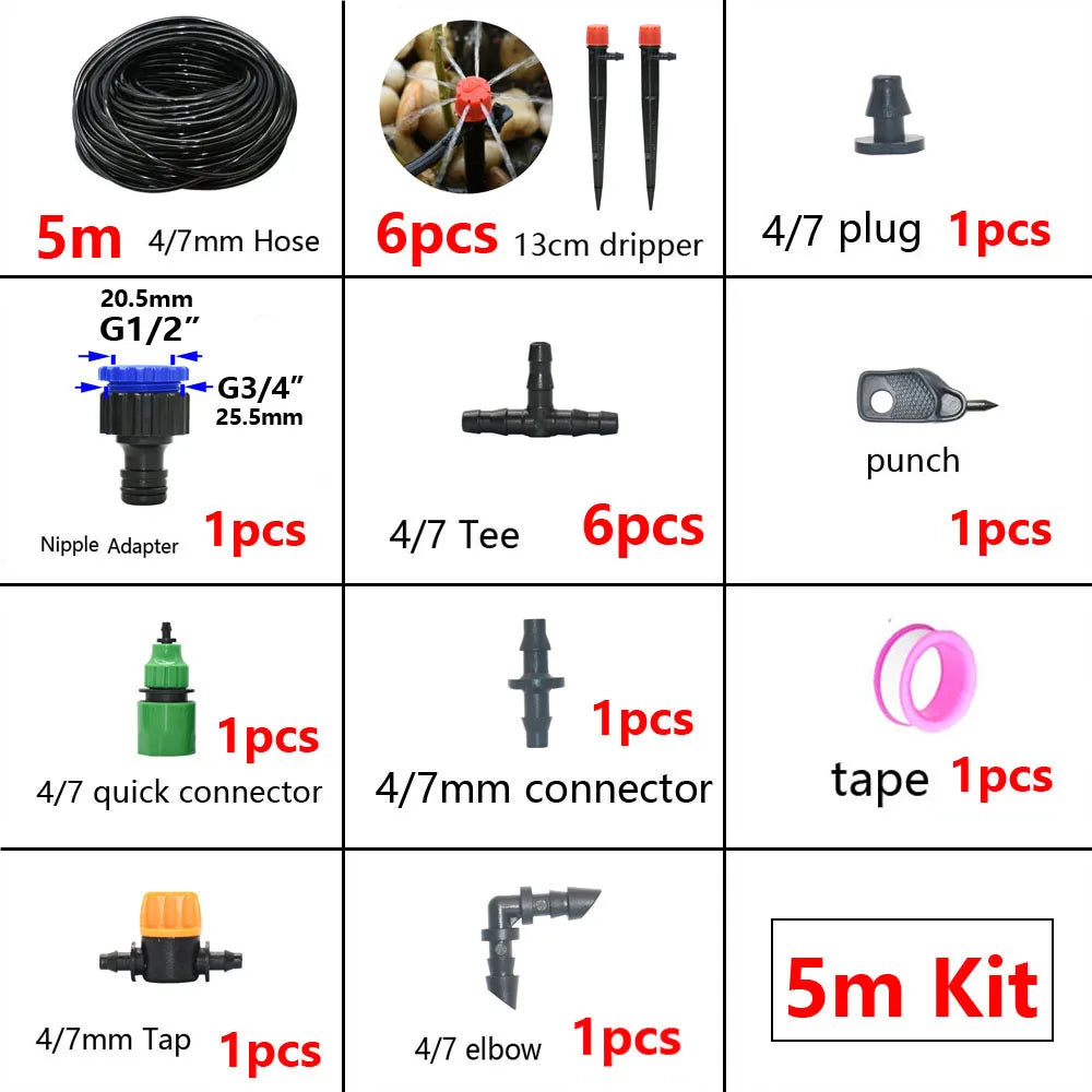 A collection of various drip irrigation components including hoses, plugs, drippers, connectors, and a complete 5m kit.