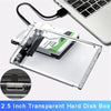 A transparent hard disk box for a 2.5 inch drive, shown next to a laptop keyboard.