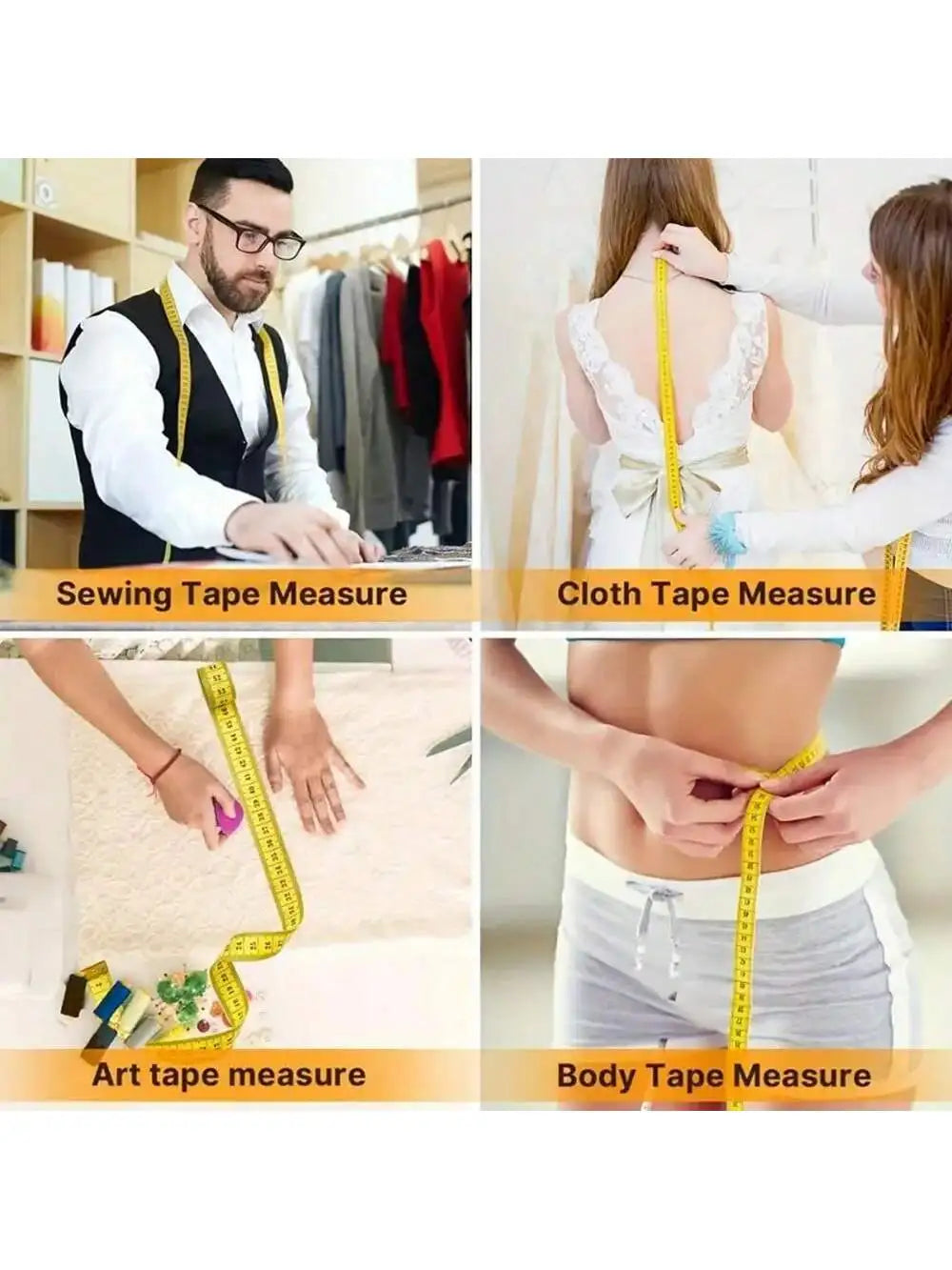 Four images showing various uses of a flexible measuring tape for sewing, cloth measurement, art, and body measurement.