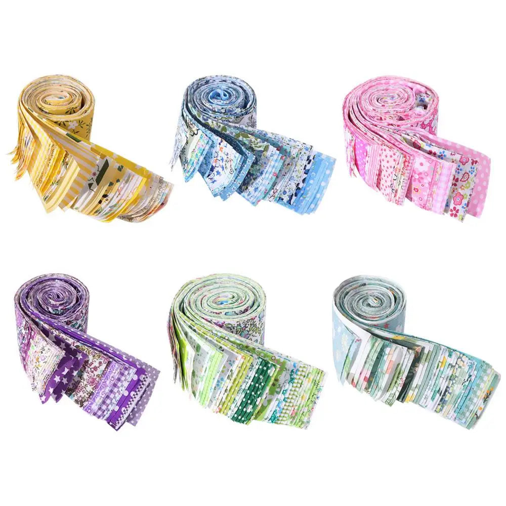 A collection of 40 floral cotton fabric strips in various colors and patterns for quilting and patchwork projects.