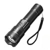 A black rechargeable LED flashlight with a telescopic zoom lens and a flexible cord.