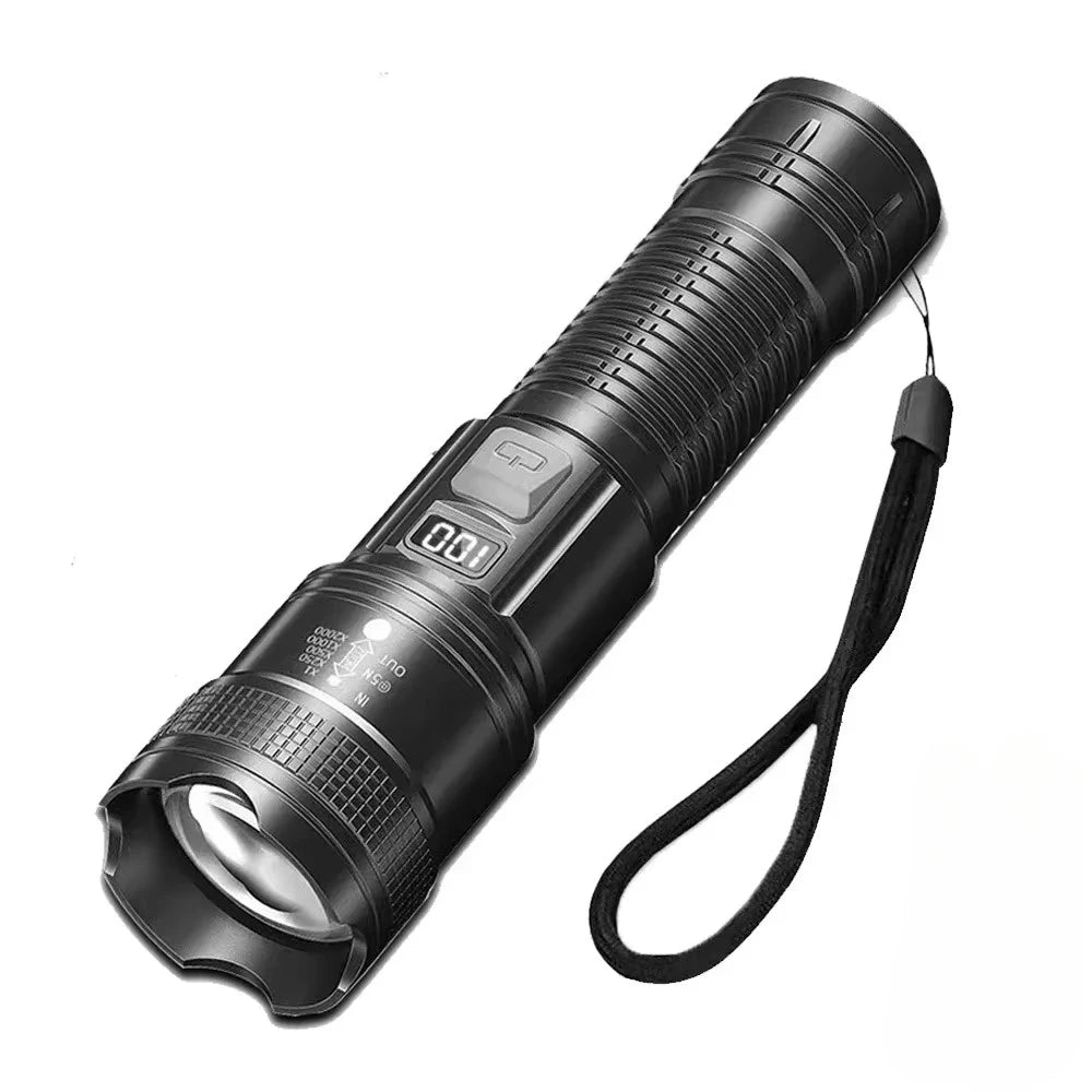 A black rechargeable LED flashlight with a telescopic zoom lens and a flexible cord.