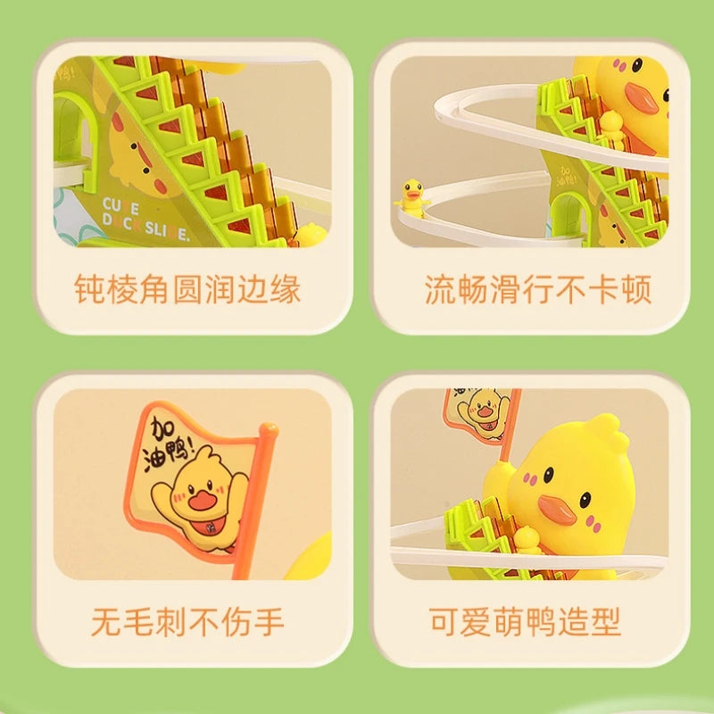 A yellow duck toy designed for stair climbing with lights and music, shown in various configurations.