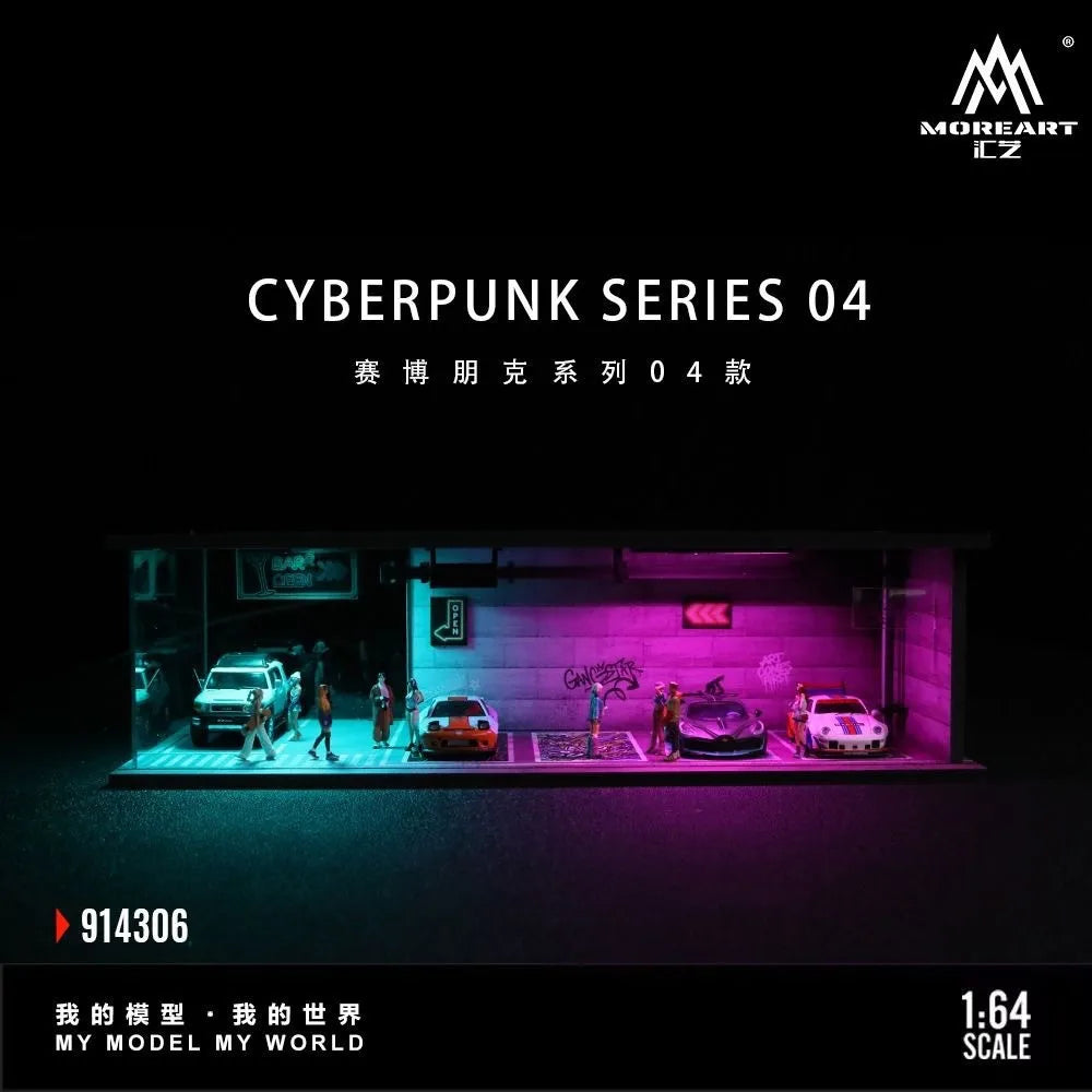 A 1:64 scale miniature cyberpunk series diorama featuring a garage scene with neon lighting.