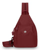 A maroon women's lightweight mini backpack with a chest strap visible from the front.