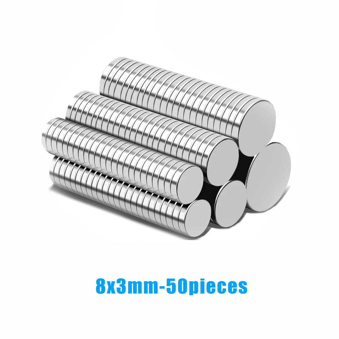 A stack of 50 silver metal refrigerator magnets, measuring 8x3mm each.