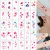 Colección de pegatinas de tatuajes temporales con diseños florales y naturales en tonos rosa, morado y azul.