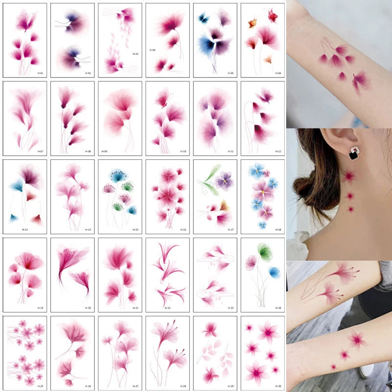 Colección de pegatinas de tatuajes temporales con diseños florales y naturales en tonos rosa, morado y azul.