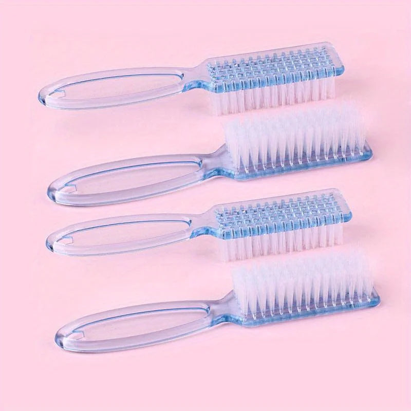 A set of four nail art brushes with long handles and blue bristles displayed on a pink background.