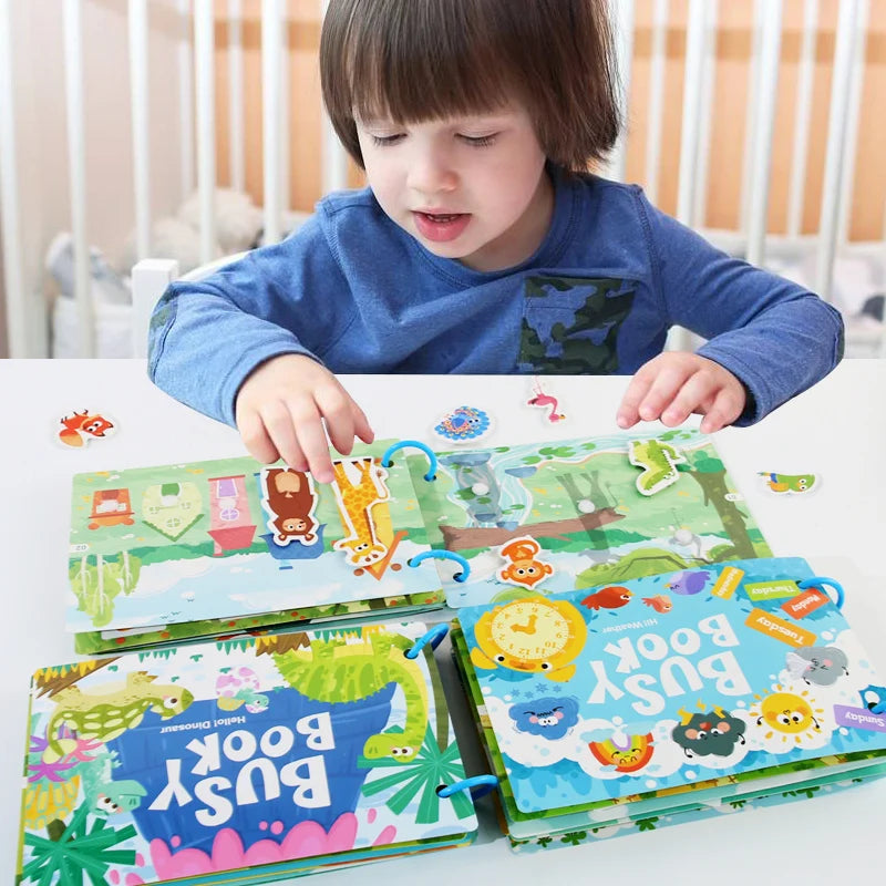 A child is interacting with a colorful Montessori quiet book featuring interactive word recognition activities.
