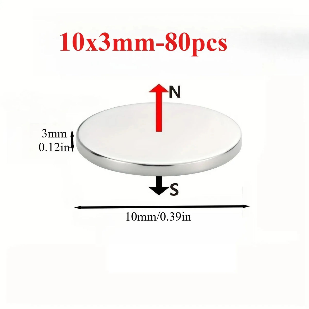 A round, silver magnetic sticker with a 3mm thickness and a 10mm diameter shown under North (N) and South (S) directions.