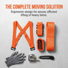 Orange ergonomic moving straps and gloves for secure lifting of heavy items.