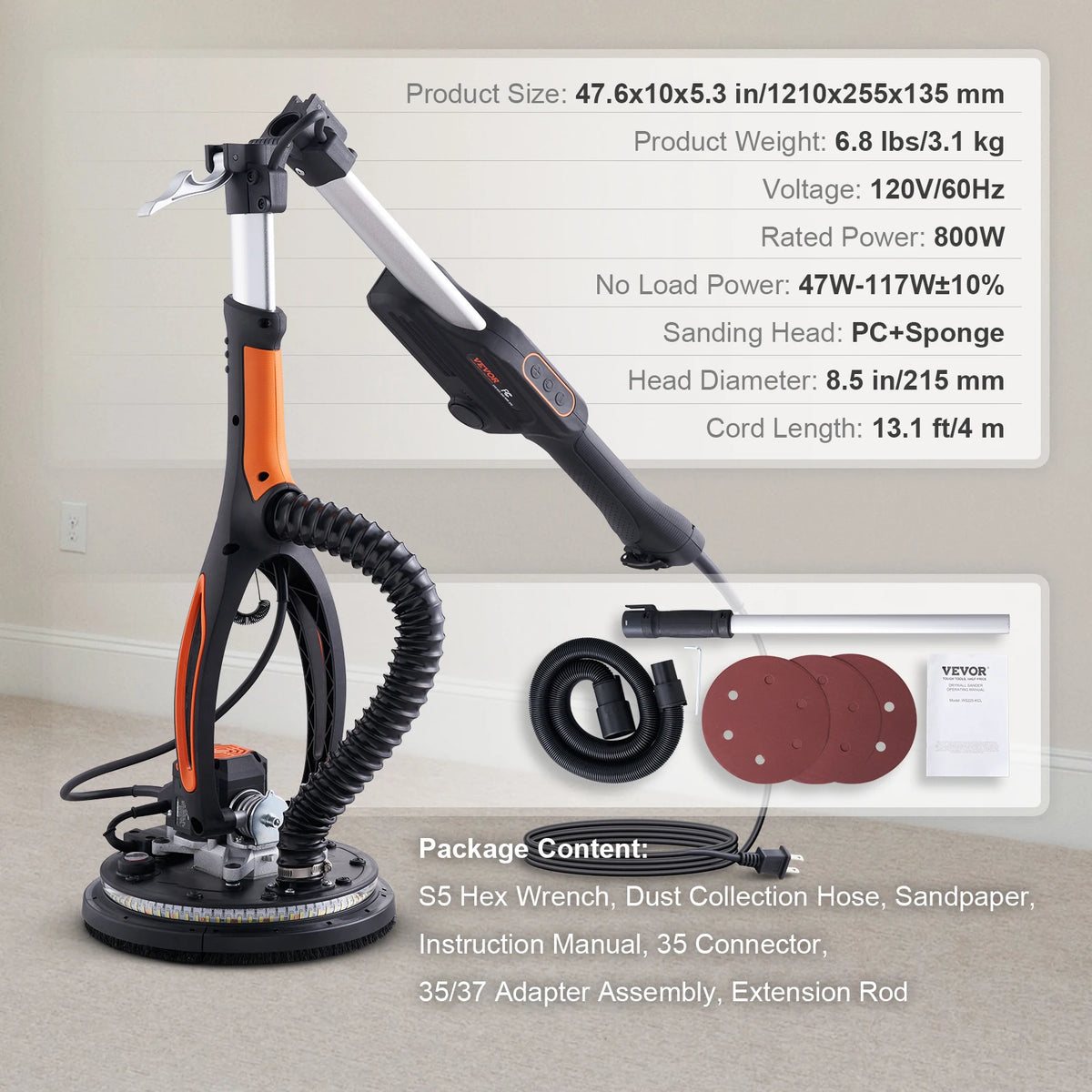 An orange and black 800W brushless drywall sander with a sanding head and accessories is shown on a light background.