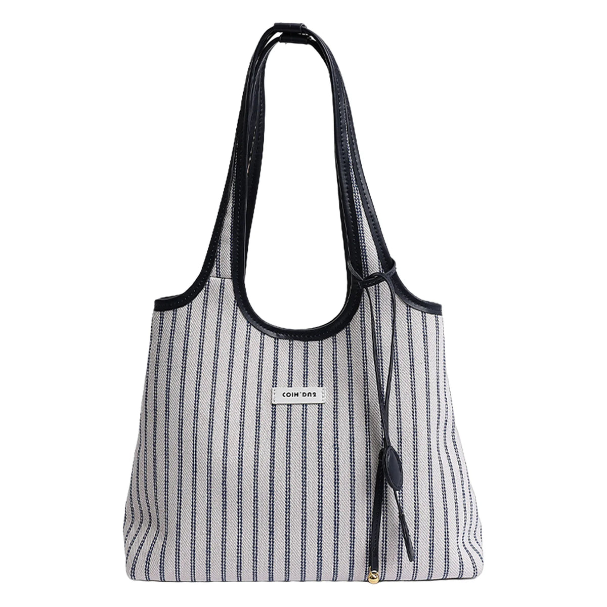 Bolso tote de lona a rayas con correa cruz, presentando rayas verticales blancas y grises oscuras.