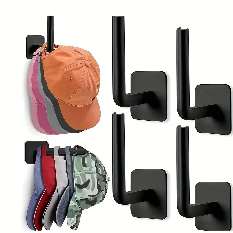 Black adhesive hooks designed to hang hats, bags, and coats