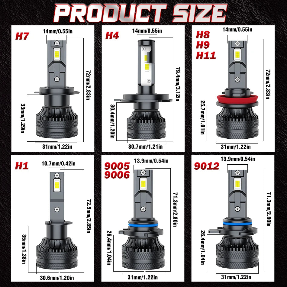 Various sizes of H7, H4, H8, H9, and H11 LED headlight bulbs shown with dimensions.