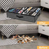 Before and after comparison of an under-bed shoe storage organizer with a clear window showing shoes inside.