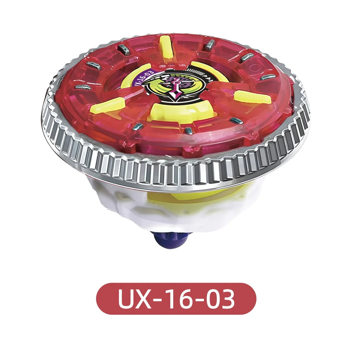 A red and yellow metal spinning top battle toy with a launcher mechanism.