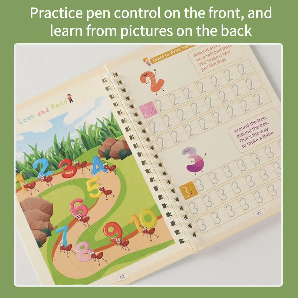 A spiral handwriting practice book showing numbers 1 through 10 on the front and pictures on the back.