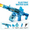 A blue electric water gun is shown firing a stream of water, with accessories like a scope, water bomb, and battery visible.