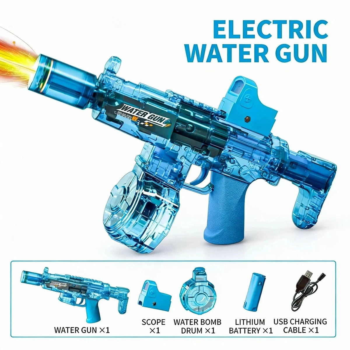 A blue electric water gun is shown firing a stream of water, with accessories like a scope, water bomb, and battery visible.