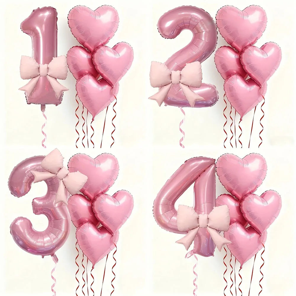 Pink Bow Heart and Number Foil Balloon Set for Celebrations